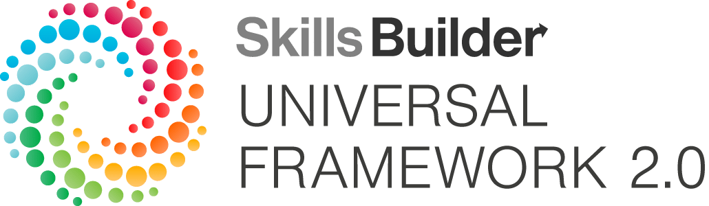 Logo for Skills Builder Universal Framework 2.0, featuring a multicolored dotted circular design next to the text, representing a multi-activity approach to skill development.