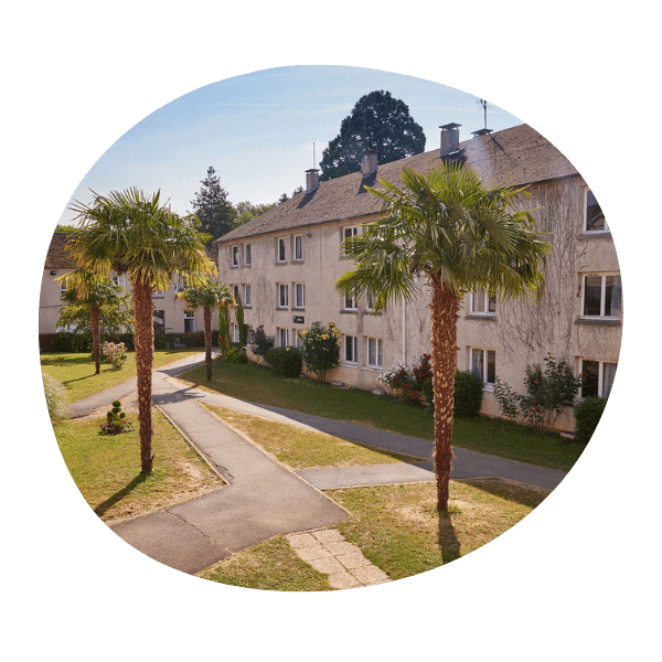 Two tall palm trees stand in front of a beige apartment building with multiple windows, surrounded by grass, paths, and some shrubs on a sunny day.