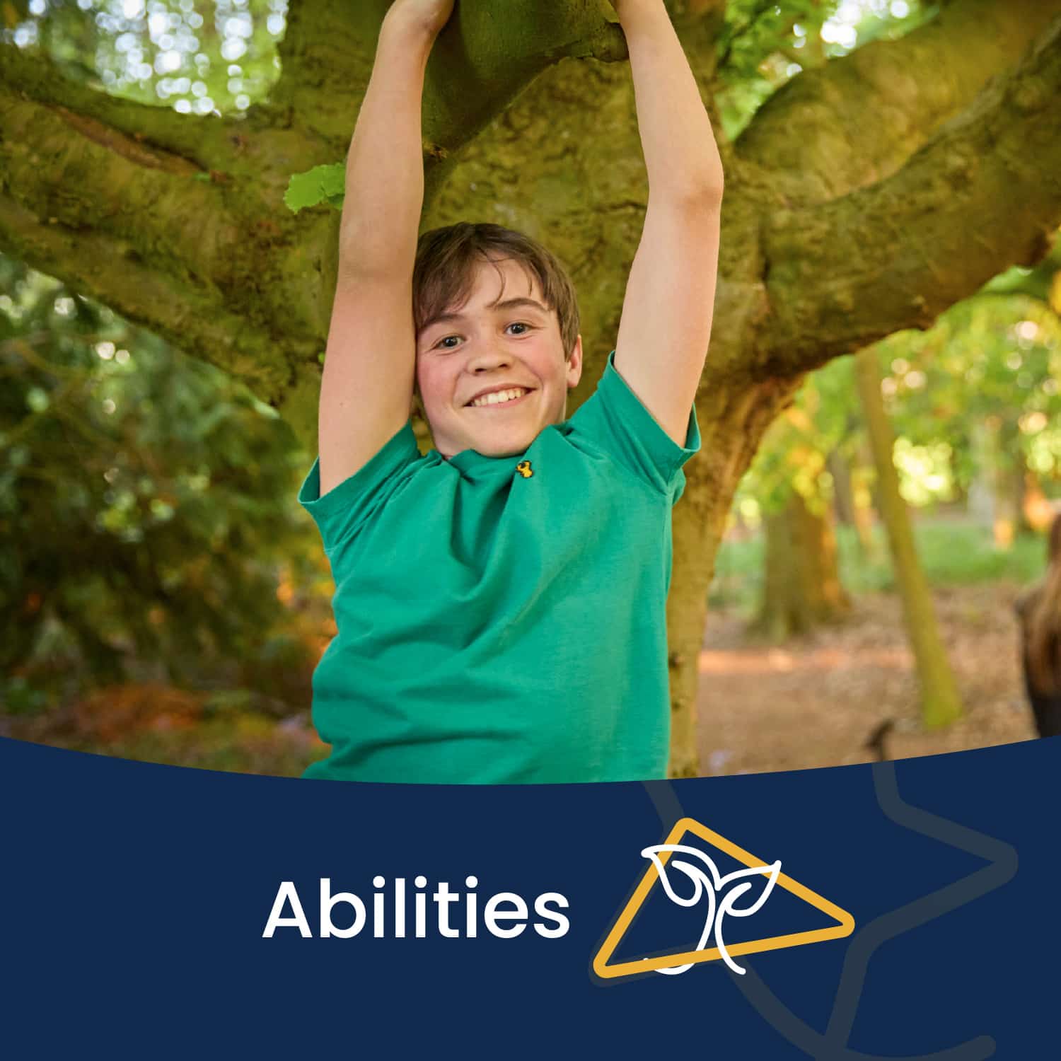 A boy in a green shirt hangs from a tree branch and smiles. The word "Abilities" and a logo appear on a blue banner at the bottom of the image.