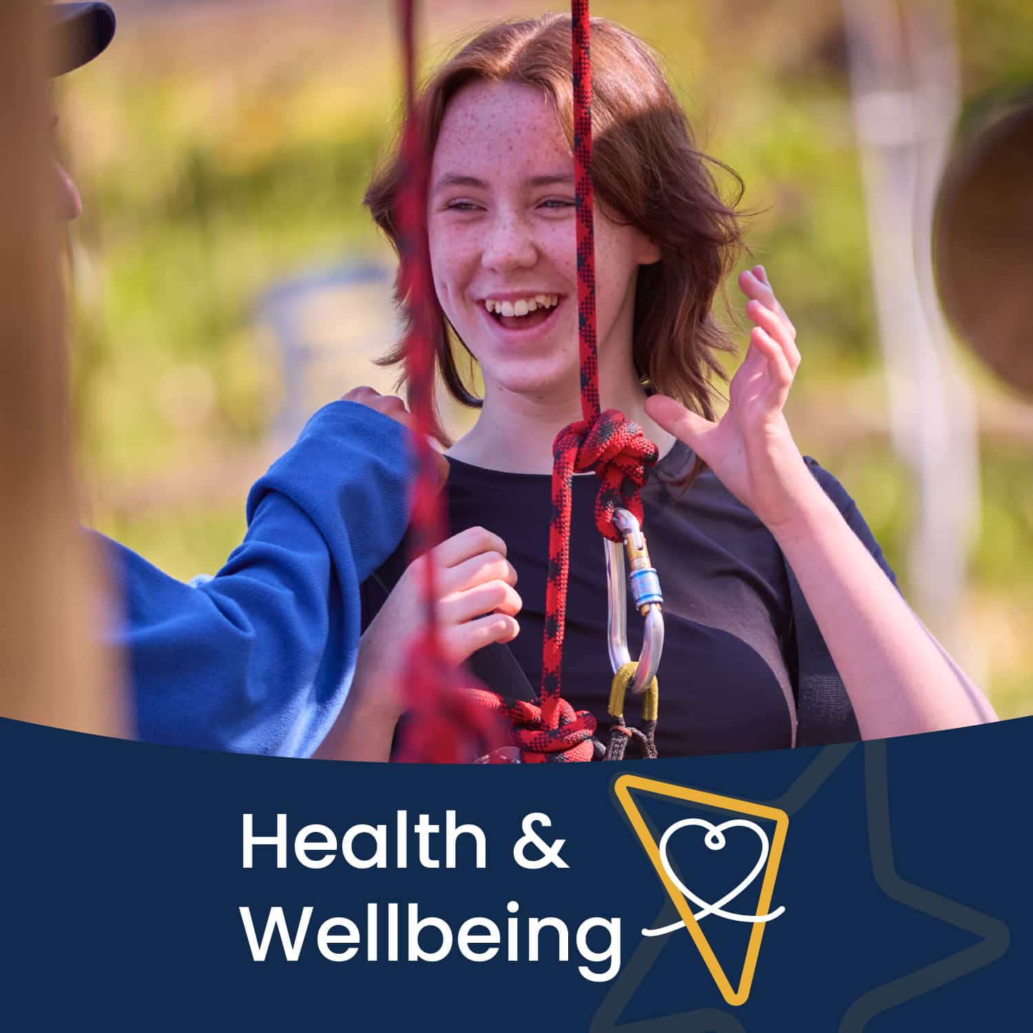 A young person wearing a harness smiles while adjusting climbing ropes, with "Health & Wellbeing" text and a heart graphic at the bottom.