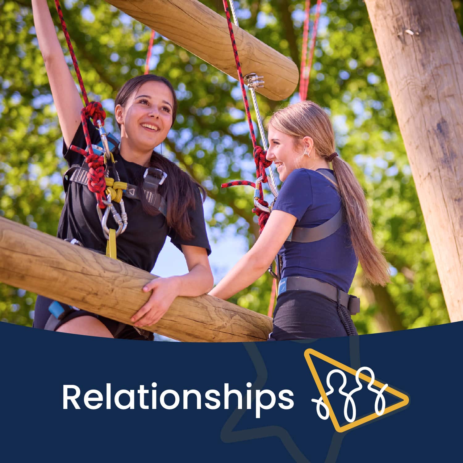 Two women in harnesses climb a wooden ropes course outdoors, smiling at each other; the word "Relationships" appears below the image.