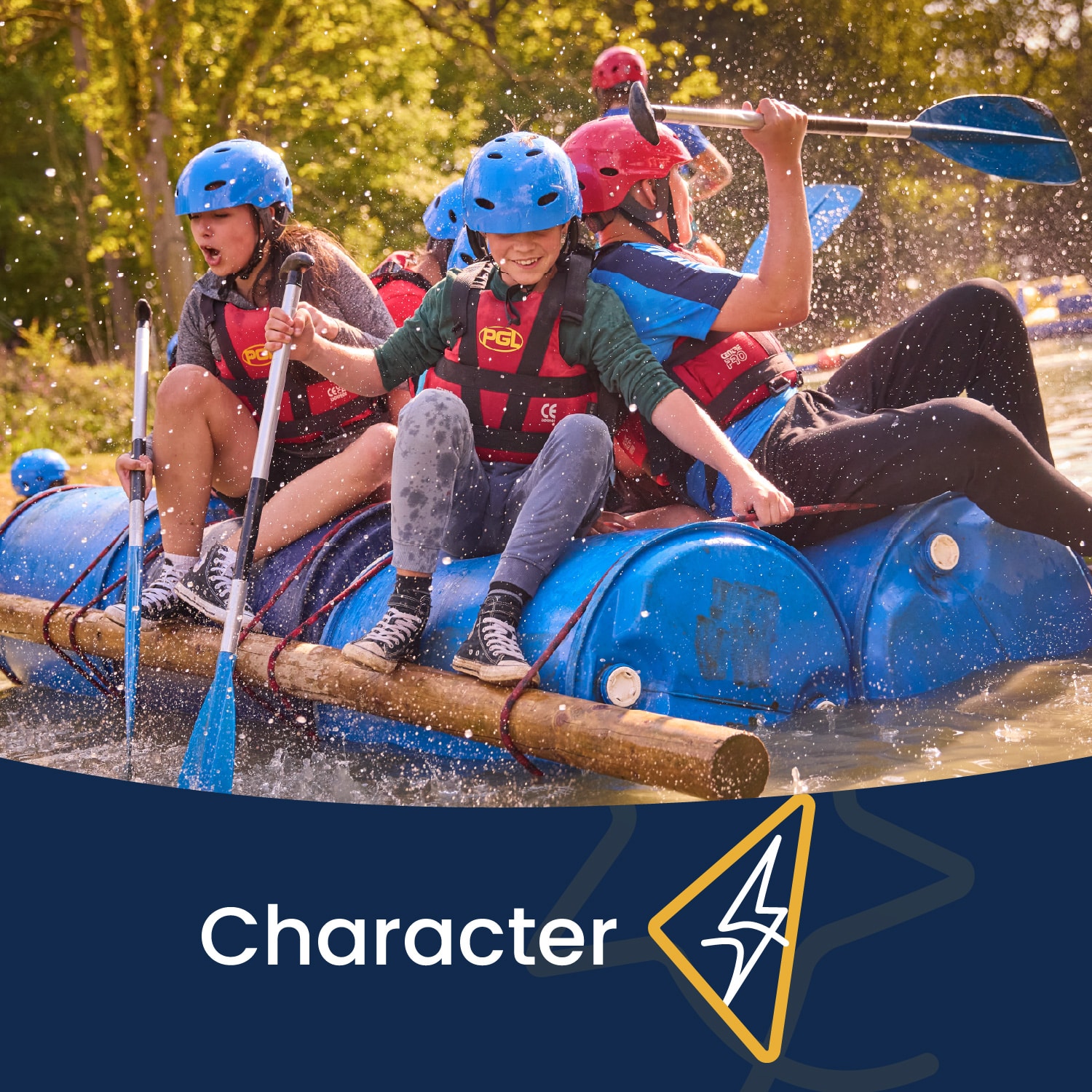 Four people wearing helmets and life jackets paddle on a homemade raft made of blue barrels and wooden poles, splashing water, with the word "Character" displayed below.