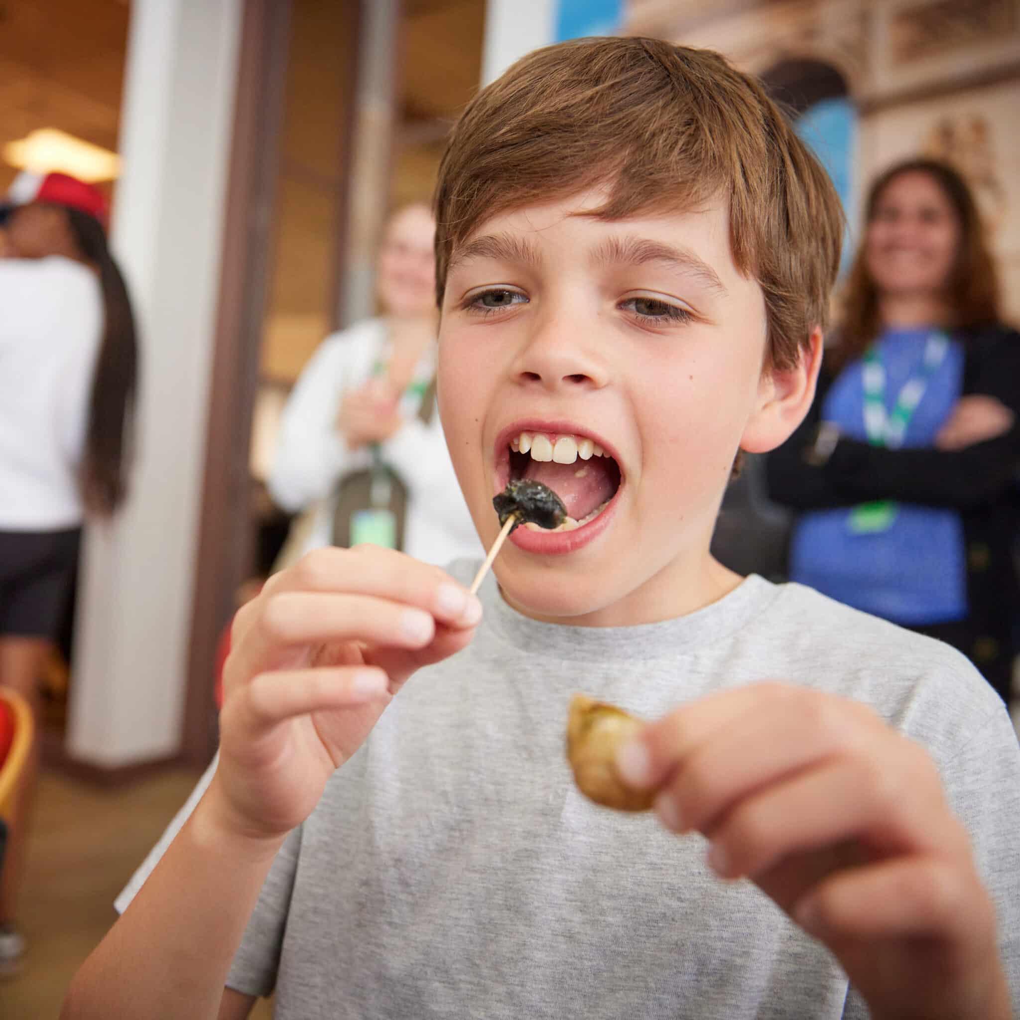 A boy in a gray shirt holds a snail shell in one hand and eats the snail with a toothpick.