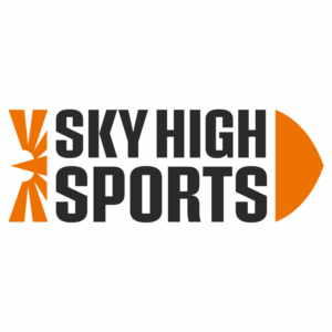 Logo for Sky High Sports, featuring bold black text and orange graphic elements resembling a stylized ball and burst on a white background.