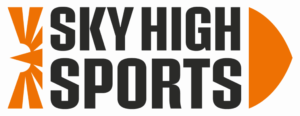 Logo for Sky High Sports, featuring bold black text and orange graphic elements resembling a stylized ball and burst on a white background.