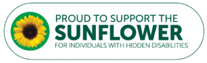 Banner with a sunflower and the text: "Proud to support the Sunflower for individuals with hidden disabilities.