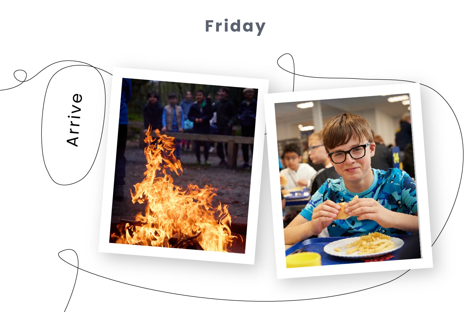Two photos: one of a campfire outdoors with people in the background, and one of a boy wearing glasses eating at a cafeteria table. The word "Friday" appears at the top.