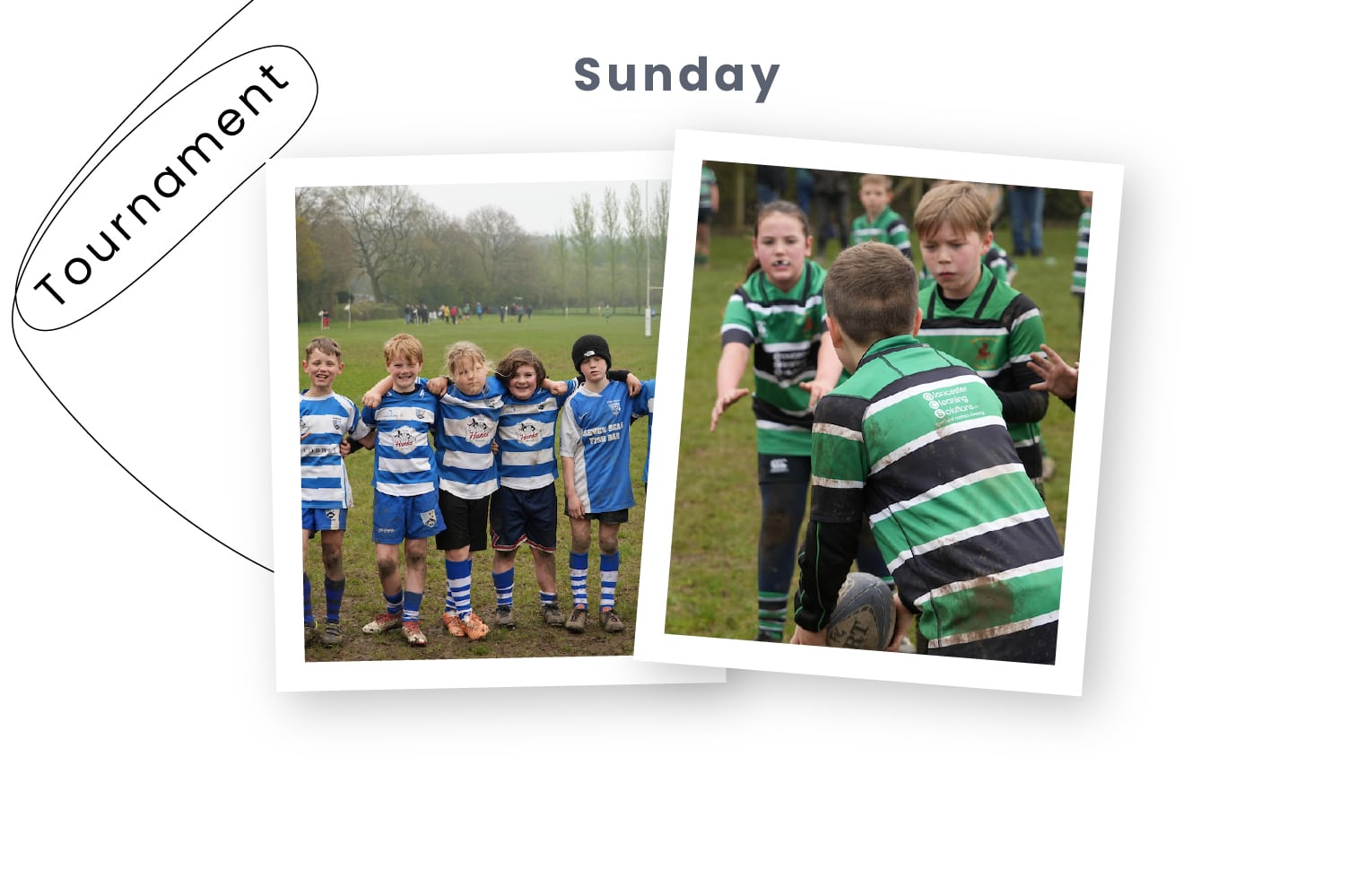 Two photos of a youth rugby tournament: one shows a team lined up on the field, the other captures players shaking hands after a match.