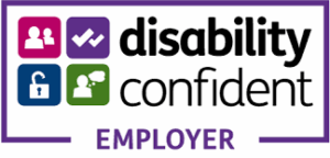 Disability Confident Employer logo with icons representing people, inclusion, and accessibility, and the words "disability confident employer" in black and purple text.