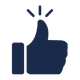 A dark blue thumbs-up icon with three lines above the thumb, indicating approval or a positive response, on a light background.