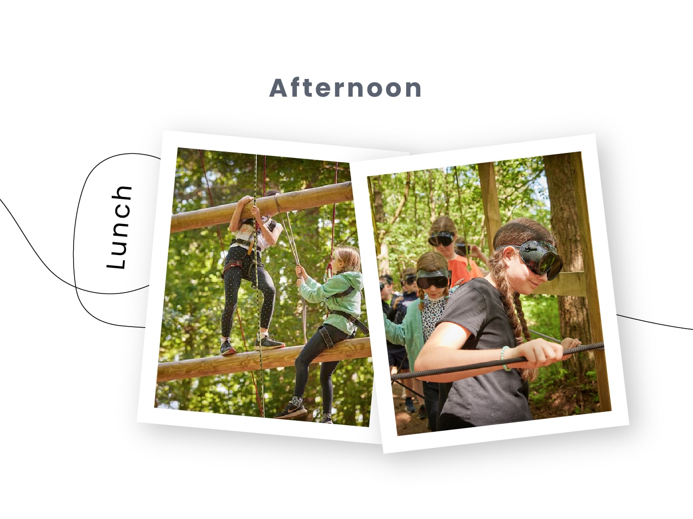 Children wearing harnesses and blindfolds take part in multi-activity outdoor rope and balance challenges in a wooded area during the afternoon.
