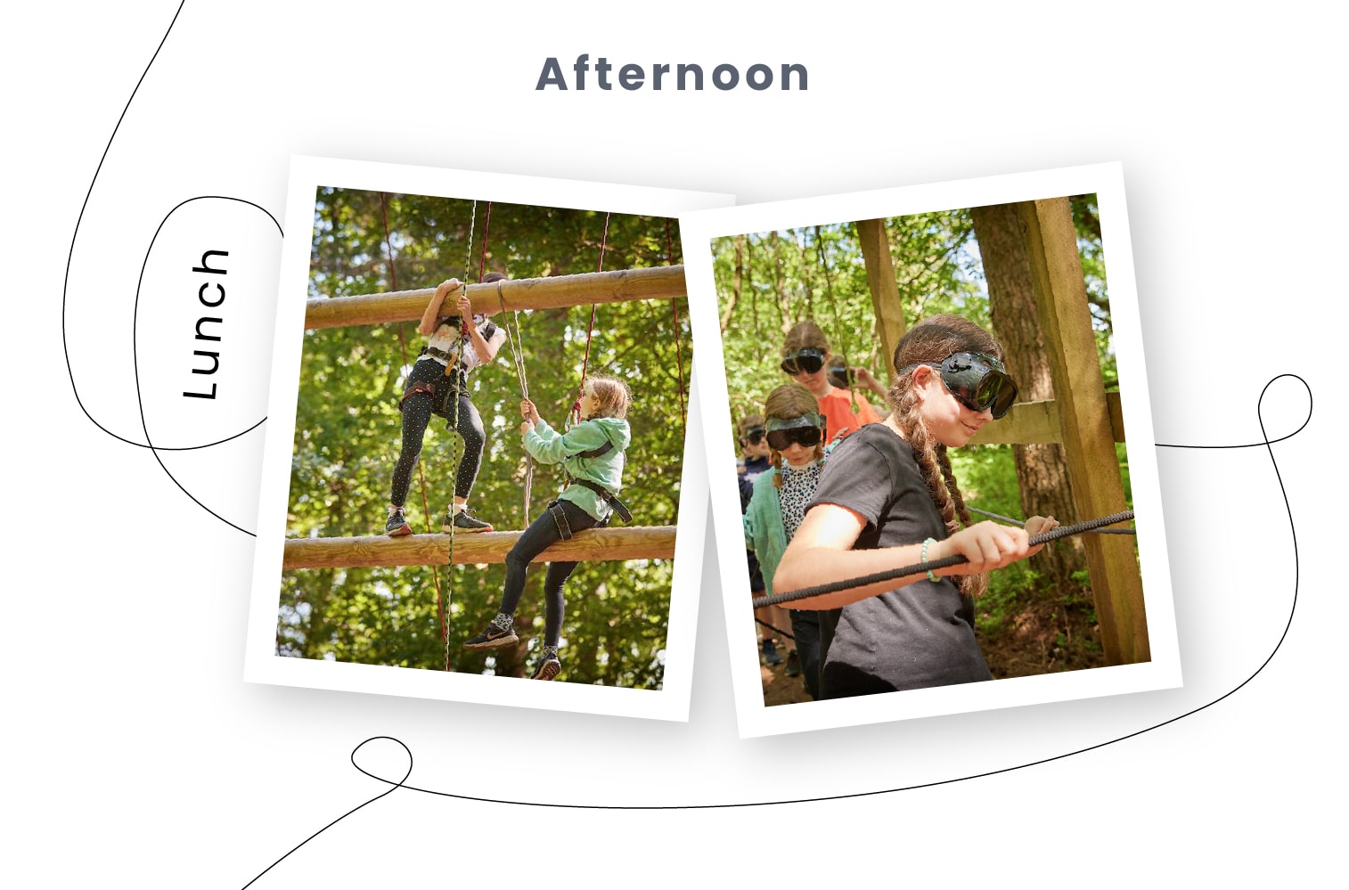 Two photos of children enjoying multi-activity outdoor fun: one group climbing a rope course and another group, blindfolded, holding onto a guide rope as they navigate through a wooded area.