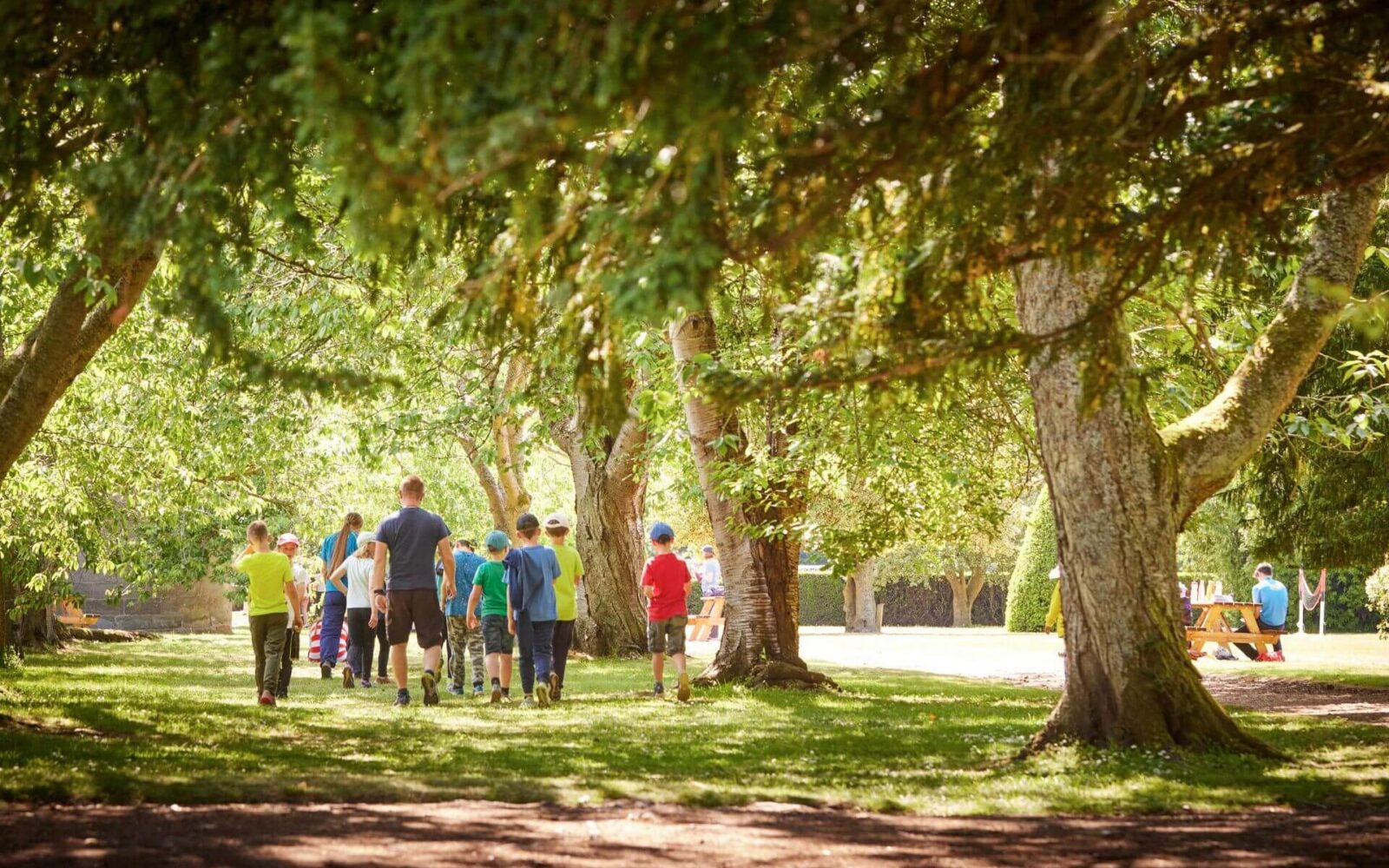 A group of school children walking through a sun-dappled tree-lined path with their group leader during a PGL school residential trip at Ford Castle, Northumberland