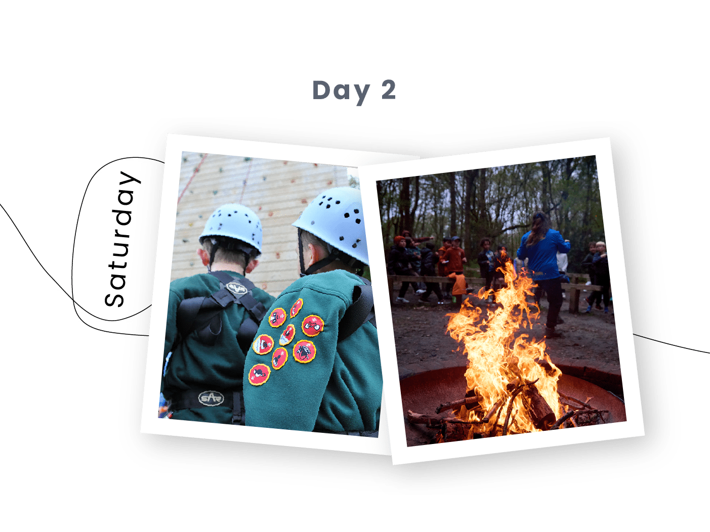 Two children in helmets with scout badges, and a group sitting round a campfire outdoors, labelled "Day 2 Saturday.