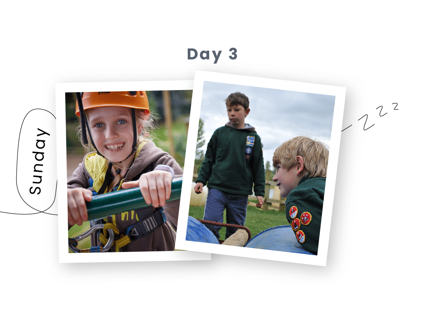 Two photos: left, a child in a helmet smiles whilst holding playground equipment; right, two children in scout uniforms interact outdoors, one wearing a hoodie with patches. "Day 3 Sunday" text included.