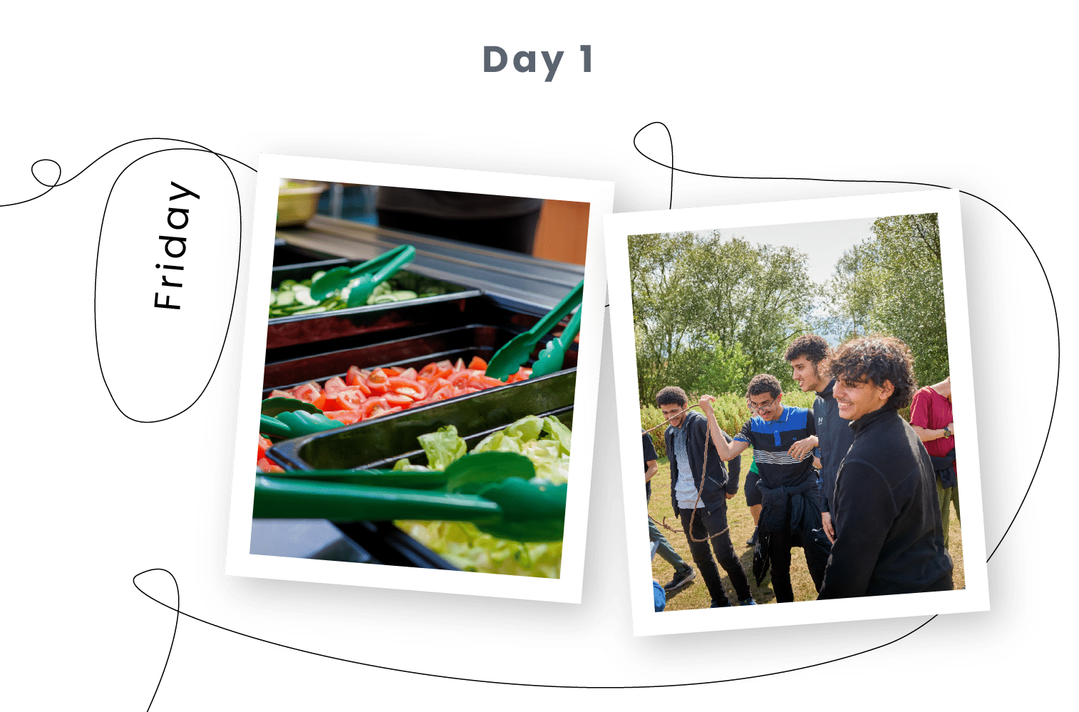 Two Polaroid-style photos: one of a salad bar with green tongs, the other of a group of people standing outdoors, trees in the background. "Day 1" and "Friday" appear in the layout.