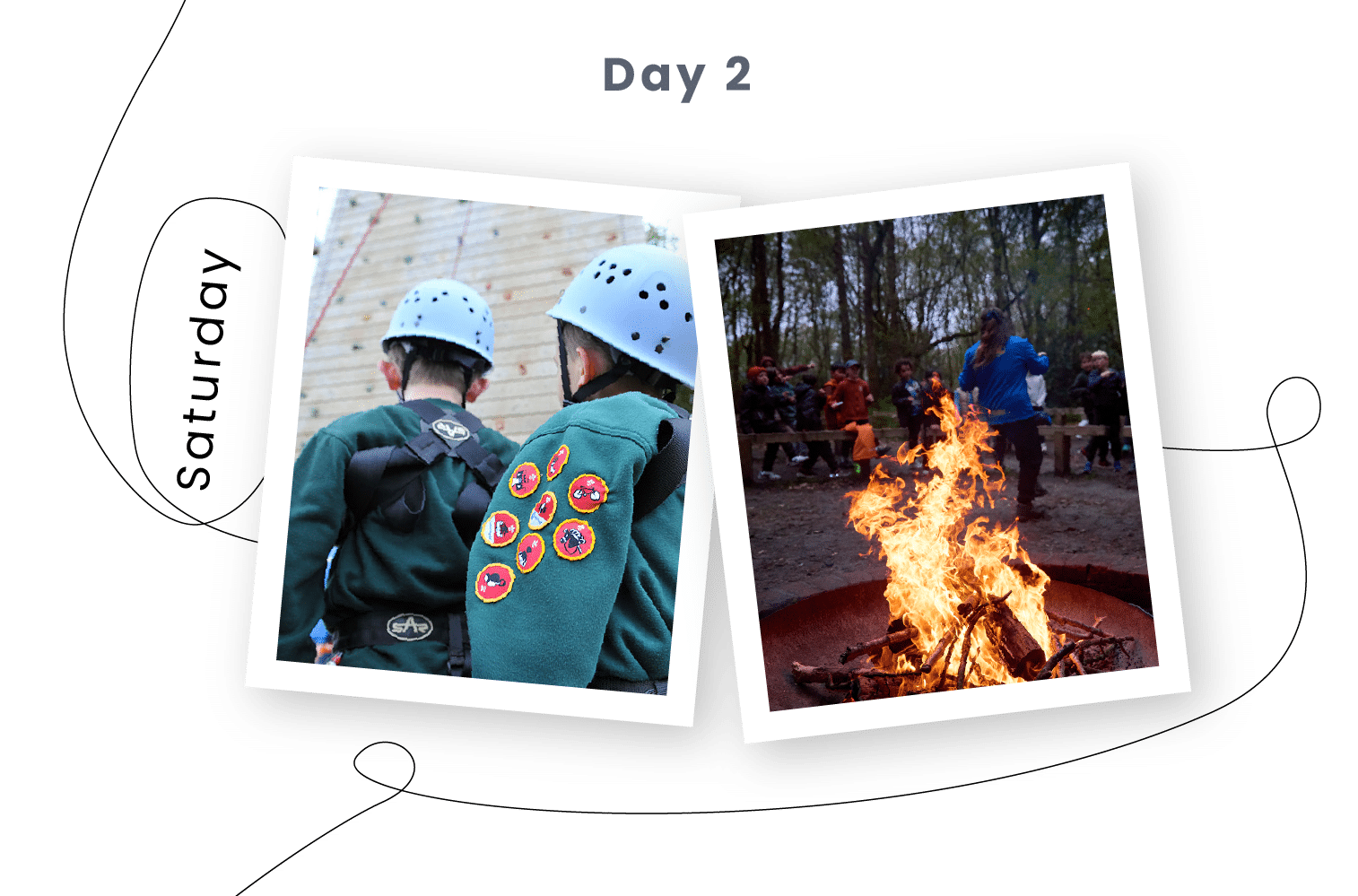 Two children in scout uniforms and helmets stand by a wall; next to them, a campfire burns with a group of people in the background. Text reads "Day 2" and "Saturday".