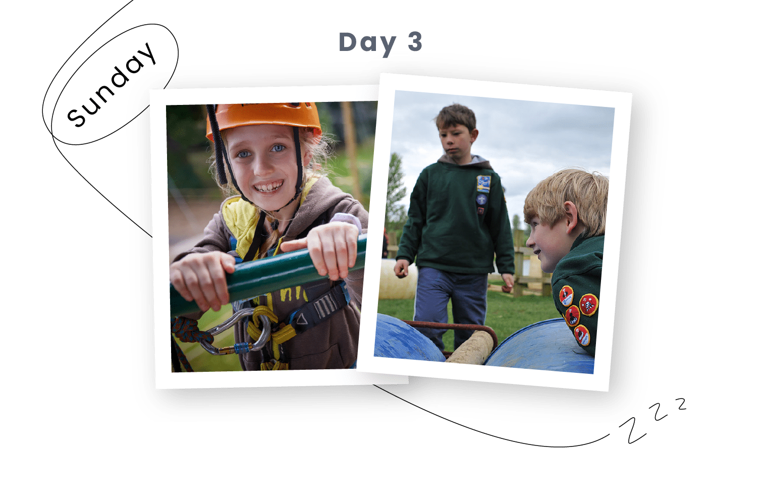 Two photos of children outdoors in scout uniforms; one smiles whilst gripping a bar, the others work together near blue barrels. “Day 3” and “Sunday” are labelled above.