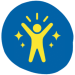 Yellow stick figure with raised arms and shine marks, centred on a blue irregular circle background.