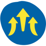 Three yellow arrows pointing upwards on a blue circular background.