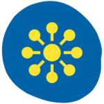 Yellow circle with eight yellow lines and smaller circles radiating outward, centred on a blue irregular circular background.