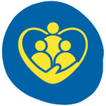 Yellow icon of three people within a heart and hand shape on a blue circular background.
