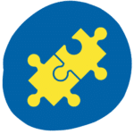 Two yellow interlocking puzzle pieces on a solid blue circular background.
