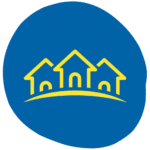 Yellow icon of three houses with arched doors on a curved line, centred on a blue circular background.