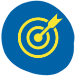 Yellow bullseye target with an arrow in the centre, displayed on a blue circular background.