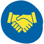 Yellow handshake icon inside a blue circle, symbolising agreement or partnership.