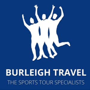 White silhouette of three cheering people on blue background above the text “Burleigh Travel: The Sports Tour Specialists” in white capital letters.