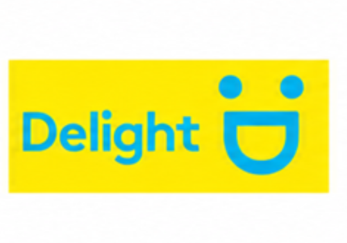 The word “Delight” in blue with a large blue smiley face on a yellow background.