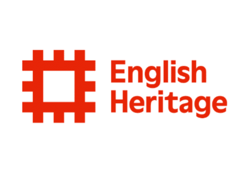 The English Heritage logo features a red square emblem resembling a castle or monument next to the words “English Heritage” in bold red text on a white background.