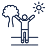 Line drawing of a person standing with raised arms near a tree and sun, suggesting an outdoor or nature scene.