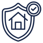 Outlined shield with a house inside and a tick in a circle at the top right, representing home protection or security.
