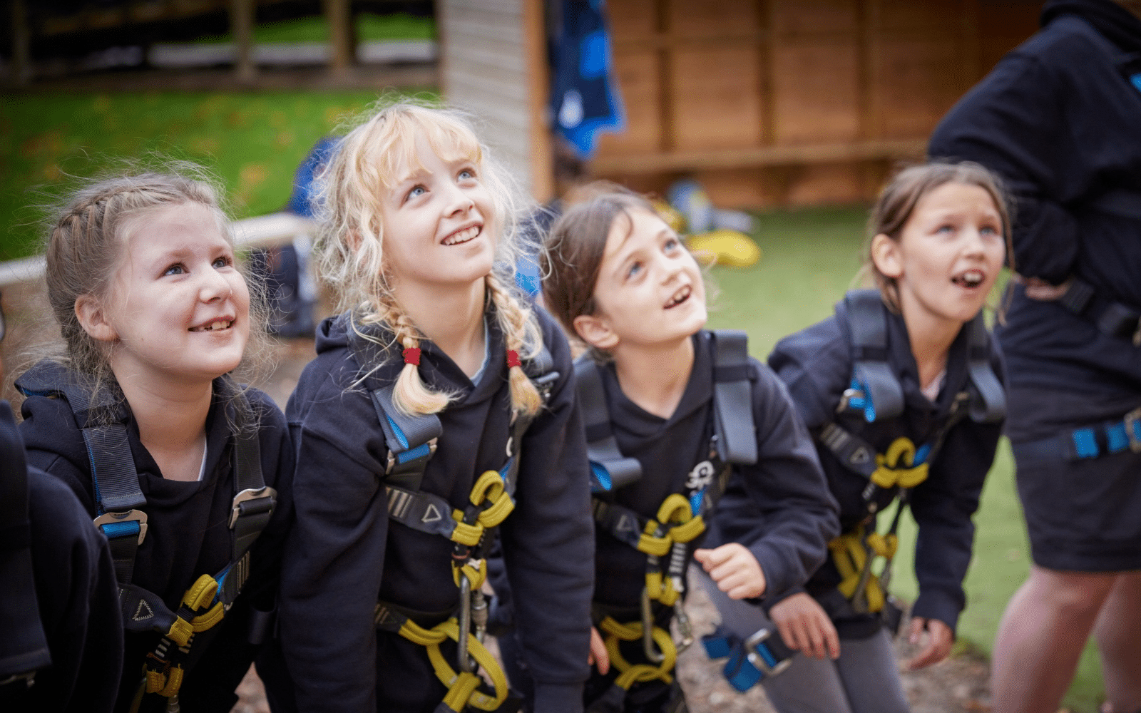 Four children in safety harnesses enjoying autumn activities for Brownies as they look upwards outdoors.